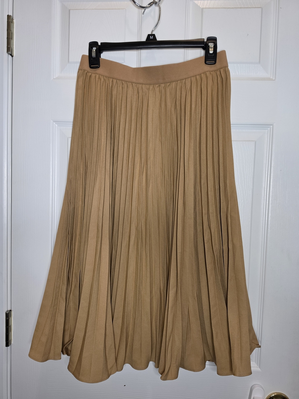 Grace Karin Tan Pleated Midi Skirt Flowy A-Line Elastic Waist L NWT